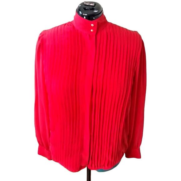 Vintage 80s Chaus High Neck Pleated Secretary Blouse Size 16 L Balloon Sleeves - Picture 5 of 10